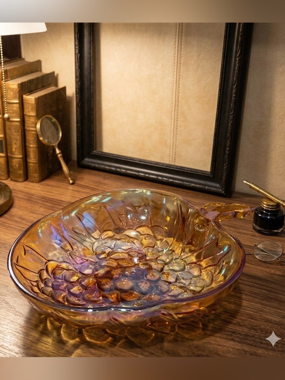Vintage Amber Iridescent Glass Dish – Grapes Shape